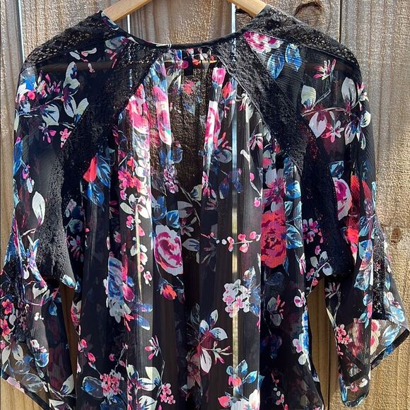 Express Fall Floral Black Pink Sheer Lace Open-Front Kimono Cover Up Shaw Wrap M - Picture 9 of 13